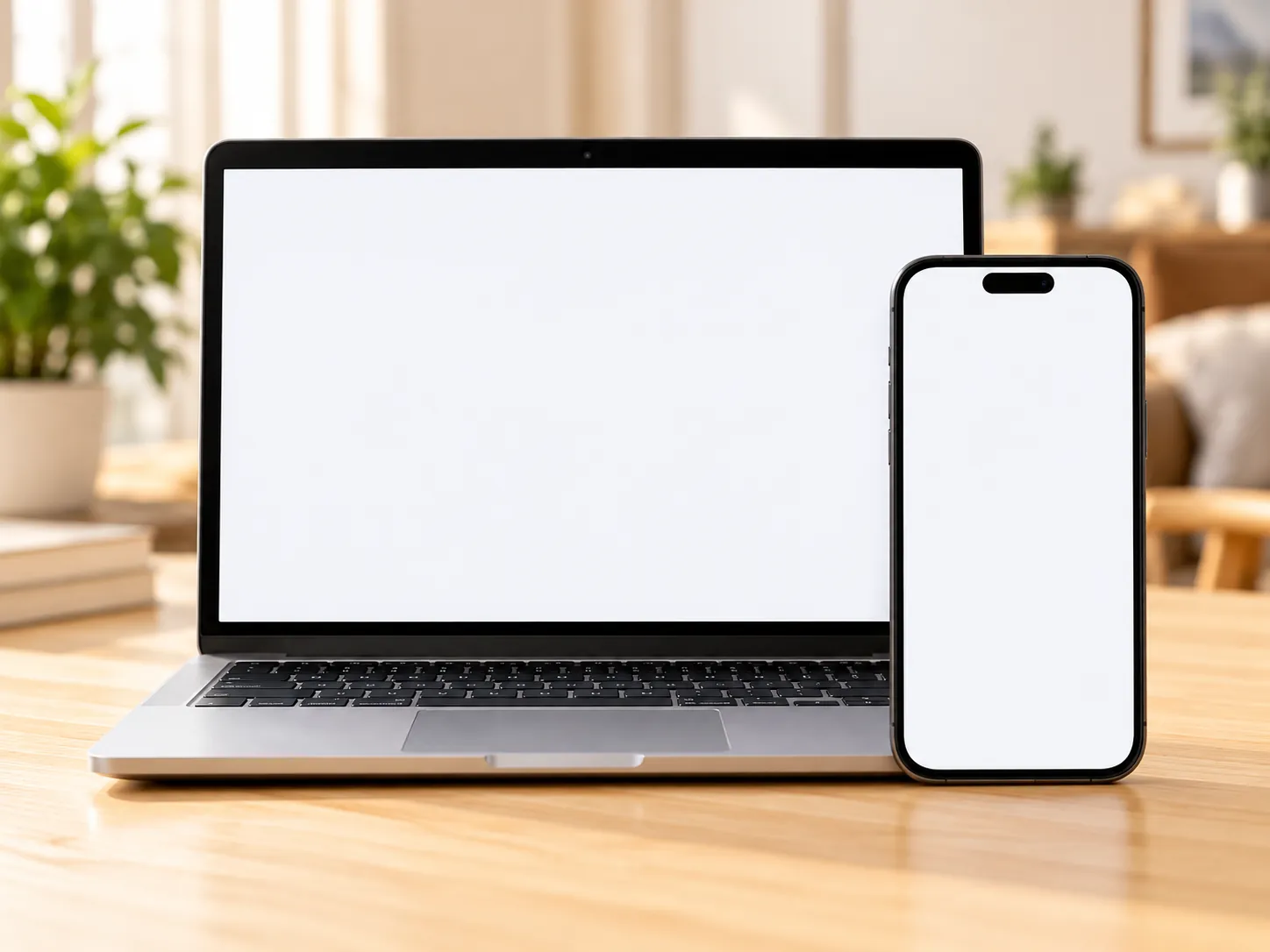 A laptop and a phone on a wooden desk