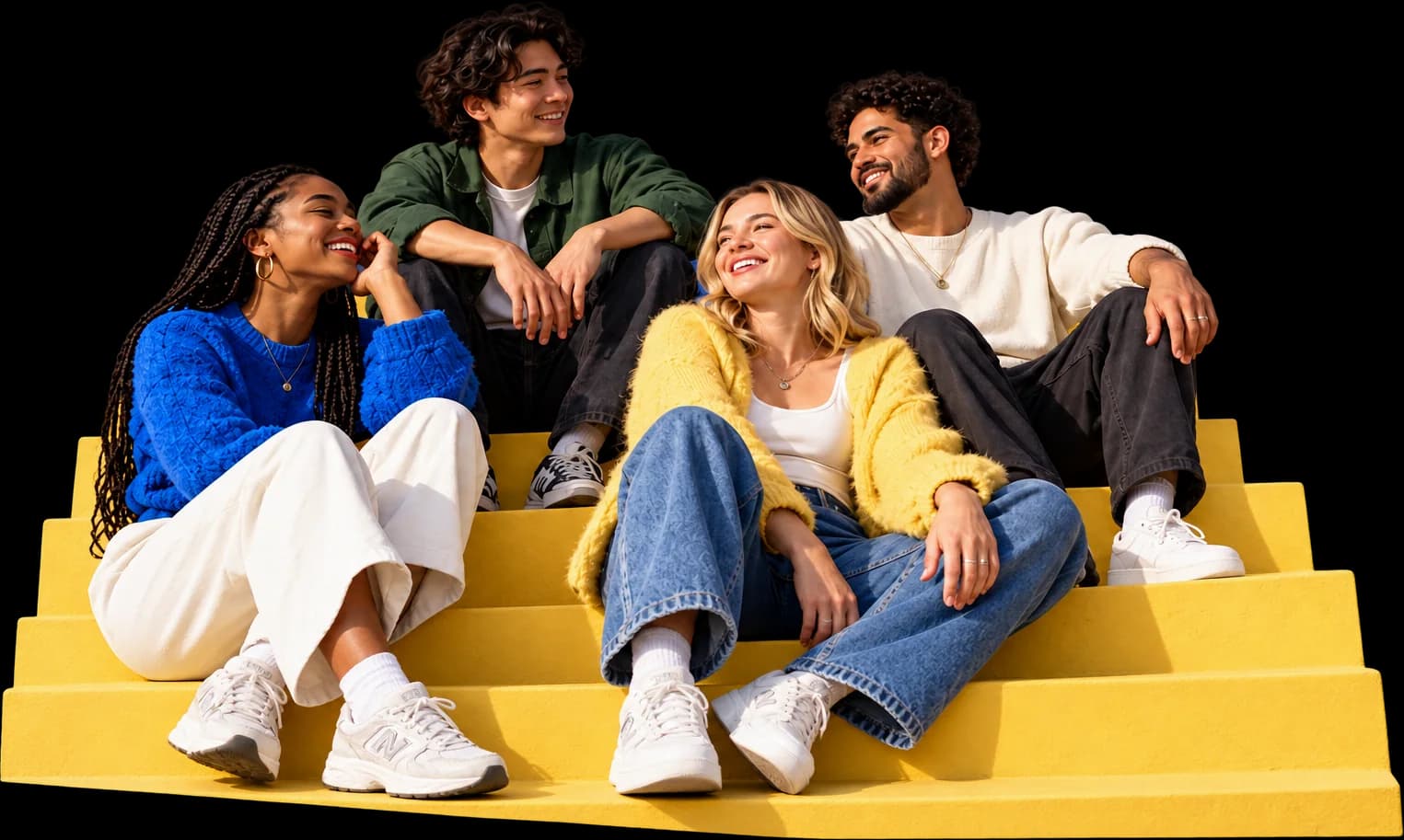 Four friends sitting together on yellow steps