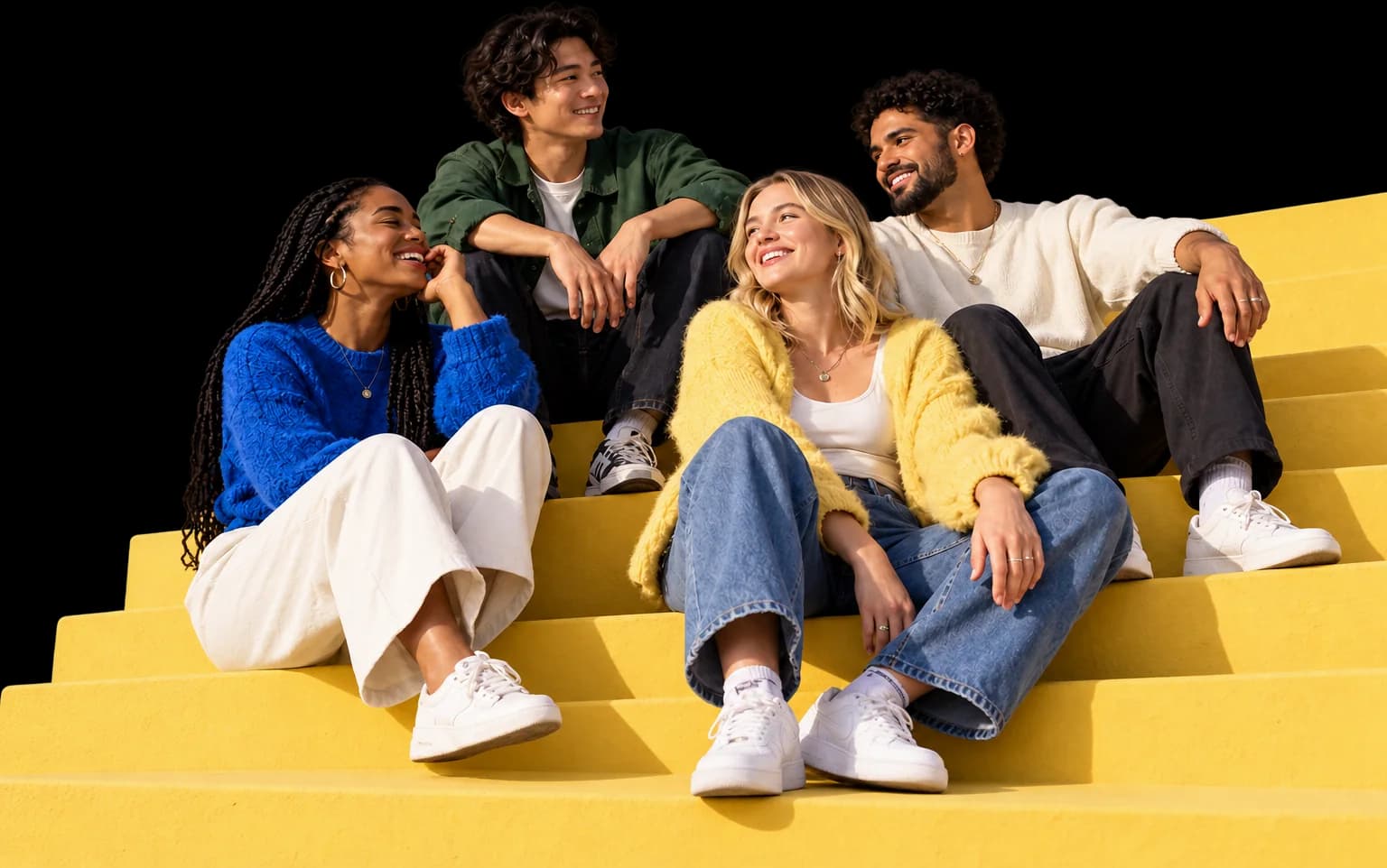 Four friends sitting on yellow steps, laughing