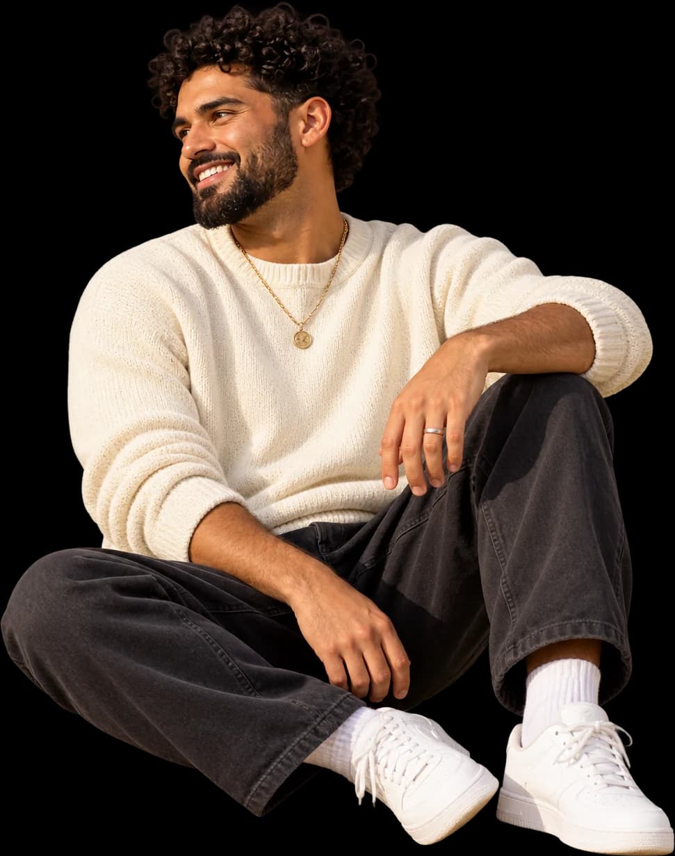 Man with curly hair and a beard smiling