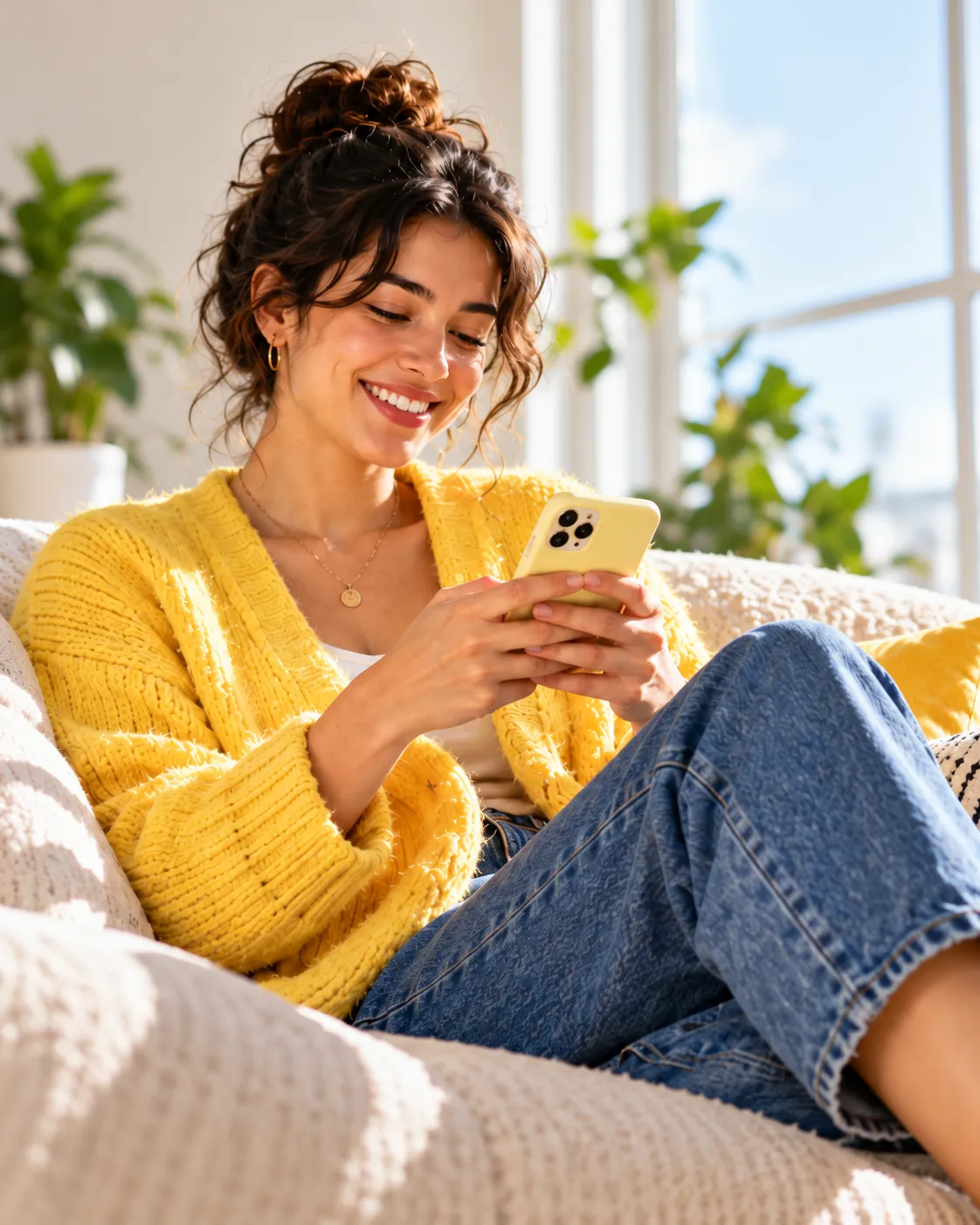 Woman in a yellow cardigan smiling at her phone on the sofa